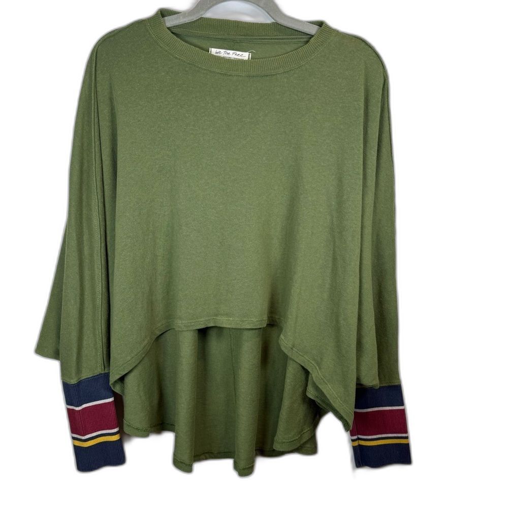 Free People We the Free Green High Low Hem Stripe Statement Cuffs Top Size Small
